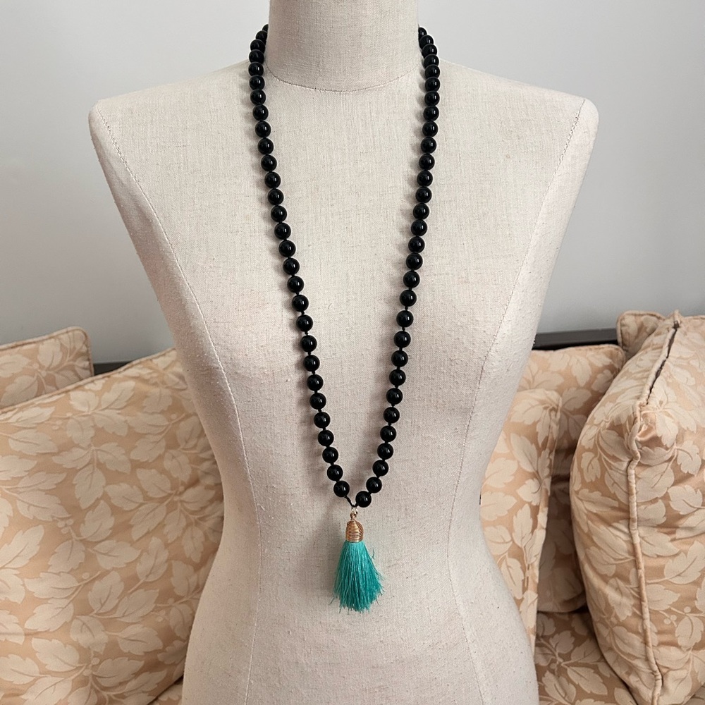Vintage Glass Black Beaded Necklace with Teal Tassel